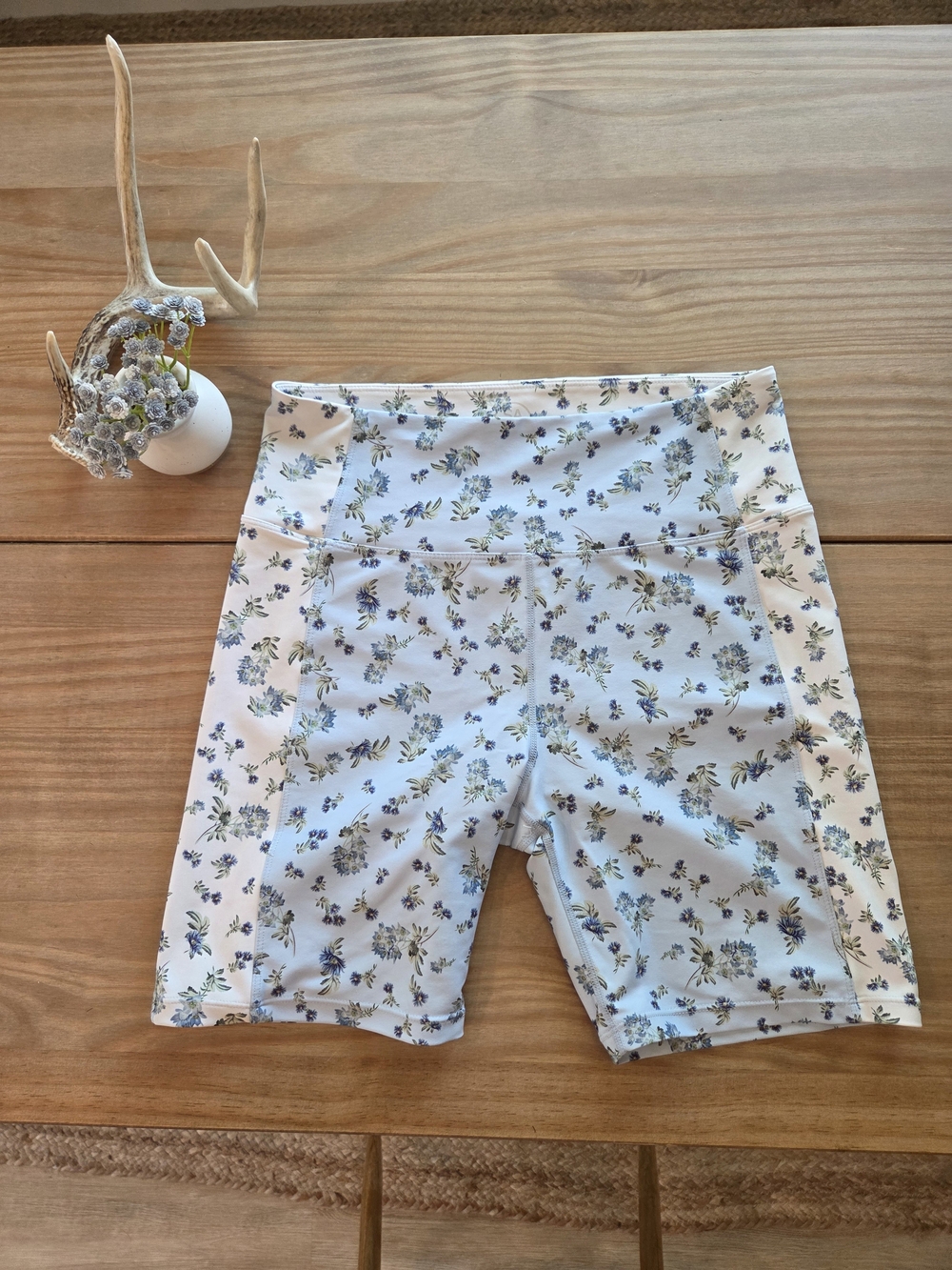 Sage White Floral High-Waist Bike Shorts